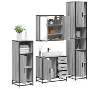 QJBSAVVA Set Mobili da Bagno 4 Pezzi Grigio Sonoma in Legno Multistrato con Mobiletto Specchio e Armadio Salvaspazio per Ottimizzazione Spazio