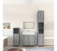 QJBSAVVA Set Mobili da Bagno 4 Pezzi Grigio Sonoma in Legno Multistrato con Specchio, Mobile Lavabo, Armadio Basso e Armadio Alto, Ampio Spazio Conservazione per Bagno