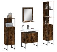 QJBSAVVA Set Mobili da Bagno 4 Pezzi in Legno Multistrato Rovere Fumo con Specchio - Mobile Lavabo 60cm, Armadio Alto 185.5cm e Basso 120.5cm, Soluzione Salvaspazio Completa