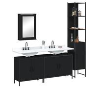 QJBSAVVA Set Mobili da Bagno 4 Pezzi Nero Legno Multistrato con Specchio, Ampio Stoccaggio e Design Salvaspazio per Ottimizzare lo Spazio