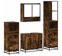 QJBSAVVA Set Mobili da Bagno 4 Pezzi Rovere Fumo e Metallo | Soluzione salvaspazio per il bagno con mobiletto lavabo specchiera pensile e due colonne contenitore stile industriale.