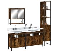 QJBSAVVA Set Mobili da Bagno 4 Pezzi Rovere Fumo in Legno Multistrato con Mobile Specchio, 2 Mobili Lavabo e Armadietto, Design Salvaspazio per Ottimizzazione Spazio