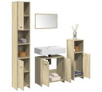 QJBSAVVA Set Mobili da Bagno 4 Pezzi Rovere Sonoma con Armadietto Alto Salvaspazio, Armadietto Basso, Mobile Sottolavabo e Specchio, Legno Multistrato per Ottimizzare Spazi