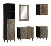 QJBSAVVA Set Mobili da Bagno 5 Pezzi in Legno Massello di Mango, Colore Nero, Completo con Mobile Lavabo, Specchio, Armadio Alto e Pensile, Design Salvaspazio per Ottimizzare l'Organizzazione