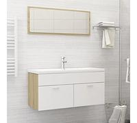 QJBSAVVA Set Mobili da Bagno Completo con Mobile Sottolavabo Salvaspazio, Lavabo Integrato in Ceramica e Specchio, Bianco e Rovere Sonoma, Legno Multistrato, 100 cm per Bagno