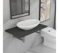 QJBSAVVA Set Mobili da Bagno Salvaspazio con Mensola a Parete e Lavabo Ovale Ceramica Grigio Bianco 2 Pezzi per Arredamento Bagno Moderno