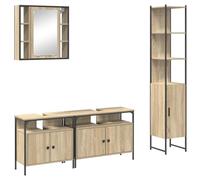 QJBSAVVA Set Mobili da Bagno Sospesi 4 Pezzi Legno Multistrato Rovere | Set di 4 arredi da bagno a parete in colore rovere sonoma con specchio e mobili contenitori per un ambiente ordinato.