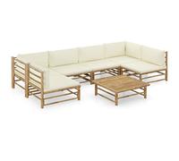 QJBSAVVA Set salotto da giardino in bambù, 65 x 70 x 60 cm, cuscino bianco crema, mobili da giardino modulare per balcone, terrazza, giardino, design moderno, robusto, leggero, per esterni