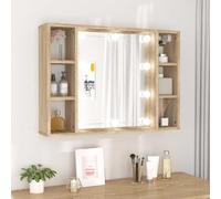 QJBSAVVA Sonoma - Armadio a specchio a LED, in legno di quercia, 76 x 15 x 55 cm, con 6 scomparti e illuminazione LED USB, design moderno per bagno, camera da letto