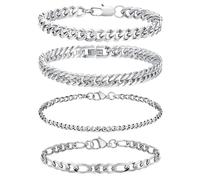 QJFHURB 4 Pcs Bracciale Uomo Argento a Catena Moto, Acciaio Inox, Braccialetto Cubano per Ragazzi