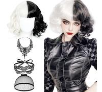 QJFHURB Parrucca Crudelia Demon Donna Maschera Per Occhi e Retina Pizzo Nero Con Collana Top Retina Donna In Pizzo Nero