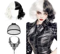 QJFHURB Parrucca Crudelia Demon Parrucca Donna Parrucca Donna Corta Crudelia Demon Parrucca Cruella Donna Cruella Wig Parrucca Bianca e Nera Crudelia Con Collana e Retina Per Capelli In Pizzo Nero