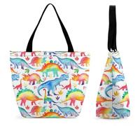 Qjjinxior Borsa tote con cerniera, borsa da spiaggia con impronte di zampa di cane, grande borsa a tracolla per tutti i giorni, viaggio, Dinosauro arcobaleno., 28.5 x 18 x 32.5 cm