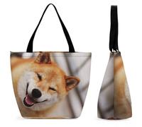 Qjjinxior Borsa tote con cerniera, borsa da spiaggia grigia con pipistrelli di Halloween, grande borsa a tracolla per tutti i giorni, viaggio, Sorridi Shiba Inu, 28.5 x 18 x 32.5 cm