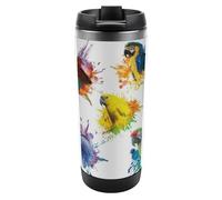 Qjjinxior Tazza da caffè da viaggio isolata in acciaio inox, 380 ml, con pappagallo acquerello 3D, con coperchio a tenuta stagna, fondo antiscivolo