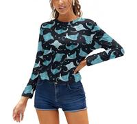 Qjjinxior Top da donna, maglietta a maniche lunghe con gatto verde, casual, a maniche lunghe, girocollo, Manta Ray e Pesce, L