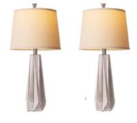 QJRGUY Table Lamp Set in Navy Blue with Linen Shade, 2 LED Included for Bedroom, Office, Living Room Decor (Wood Grain Color)