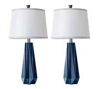 QJRGUY Table Lamp Set in Navy Blue with Linen Shade, 2 LED Included for Bedroom, Office, Living Room Decor (Wood Grain Color)