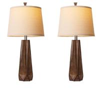 QJRGUY Table Lamp Set in Navy Blue with Linen Shade, 2 LED Included for Bedroom, Office, Living Room Decor (Wood Grain Color)