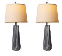 QJRGUY Table Lamp Set in Navy Blue with Linen Shade, 2 LED Included for Bedroom, Office, Living Room Decor (Wood Grain Color)