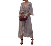 QKCQQTS Gonna Lunga con Lacci in Tinta Unita da Donna, Abito Irregolare con Maniche a Pipistrello, Abito Lungo in Chiffon a Balze con Scollo a V e Vita Alta (Gray,XXL)