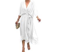 QKCQQTS Gonna Lunga con Lacci in Tinta Unita da Donna, Abito Irregolare con Maniche a Pipistrello, Abito Lungo in Chiffon a Balze con Scollo a V e Vita Alta (White,L)