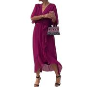 QKCQQTS Gonna Lunga con Lacci in Tinta Unita da Donna, Abito Irregolare con Maniche a Pipistrello, Abito Lungo in Chiffon a Balze con Scollo a V e Vita Alta (Rose,XXL)
