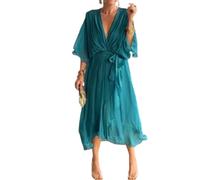QKCQQTS Gonna Lunga con Lacci in Tinta Unita da Donna, Abito Irregolare con Maniche a Pipistrello, Abito Lungo in Chiffon a Balze con Scollo a V e Vita Alta (Lake,L)