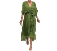 QKCQQTS Gonna Lunga con Lacci in Tinta Unita da Donna, Abito Irregolare con Maniche a Pipistrello, Abito Lungo in Chiffon a Balze con Scollo a V e Vita Alta (Green,S)