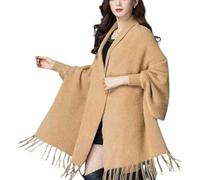 QKCQQTS Poncho scialle con nappe aperto sul davanti casual, scialle in velluto di visone imitazione autunnale da donna con maniche e mantello di peluche (One Size,Khaki)