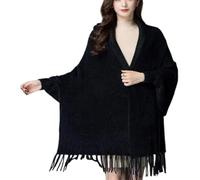 QKCQQTS Poncho scialle con nappe aperto sul davanti casual, scialle in velluto di visone imitazione autunnale da donna con maniche e mantello di peluche (One Size,Black)