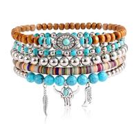 QKEOISUD 5 braccialetti da cowgirl occidentali da donna, stile bohémien, con testa di mucca e stivale di mucca, piume, impilabili, elasticizzati, per feste rurali, costumi da festa rurali, regolabili