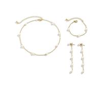 QKEPCY 3 Pezzi Set Gioielli Perle Simulata Orecchini Collana Bracciale Regolabile Bigiotteria Elegante Parure Set per Donna (Oro)