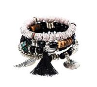 QKEPCY 4 Pezzi Bracciale da Donna Braccialetti con Pietre Naturali Bracciale Perline Boho Set Bracciale Elastico per Drenaggio Linfatico Braccialetti Pop-Corn per Donna Braccialetti Impilabili (Nero)