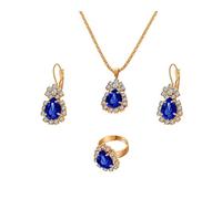 QKEPCY Parure Gioielli Donna Zirconi Collana Orecchini e Anelli Set Goccia di Lacrima Vintage Collana Ciondolare Sposa Fidanzamento Nozze Damigella d'Onore Parure Gioielli Regalo (Blu)