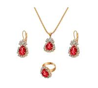 QKEPCY Parure Gioielli Donna Zirconi Collana Orecchini e Anelli Set Goccia di Lacrima Vintage Collana Ciondolare Sposa Fidanzamento Nozze Damigella d'Onore Parure Gioielli Regalo (Rosso)