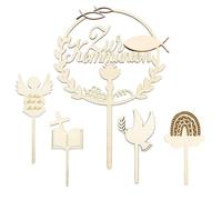 QKEPCY 5 Pezzi Topper Prima Comunione Decorazioni Torta Compleanno in Legno Set per Decorazioni Festa Eleganti e Raffinati Adatti a Bambini e Adulti (Bianco-3)