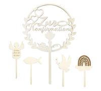 QKEPCY 5 Pezzi Topper Prima Comunione Decorazioni Torta Compleanno in Legno Set per Decorazioni Festa Eleganti e Raffinati Adatti a Bambini e Adulti (Bianco-1)