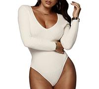 QKEPCY Body Donna Body Manica Lunga Scollo a V Bodysuit Lingerie Basic Tuta Aderente Body Elegante Tinta Unita Pagliaccetto Elasticizzato Casuale Jumpsuits Tops (M, Bianco)