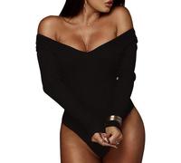 QKEPCY Body Donna Body Manica Lunga Scollo a V Bodysuit Lingerie Basic Tuta Aderente Body Elegante Tinta Unita Pagliaccetto Elasticizzato Casuale Jumpsuits Tops (M, Nero)