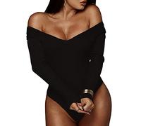 QKEPCY Body Donna Body Manica Lunga Scollo a V Bodysuit Lingerie Basic Tuta Aderente Body Elegante Tinta Unita Pagliaccetto Elasticizzato Casuale Jumpsuits Tops (M, Nero)