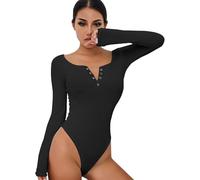 QKEPCY Body Donna Manica Lunga Elegante Sexy Tuta Aderente Basic Bodysuit Jersey Body con Bottoni Pagliaccetto Elasticizzato Tinta Unita Casuale Jumpsuits Tops Canottiera Donna (L, Nero)