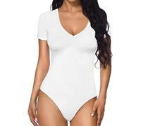 QKEPCY Body Manica Corta Donna Scollo a V Bodysuit Sexy Tuta Aderente Pagliaccetto Camicia Body Elegante Basic Jumpsuits Tops (M, Bianco)