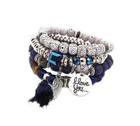 QKEPCY 4 Pezzi Bracciale da Donna Braccialetti con Pietre Naturali Bracciale Perline Boho Set Bracciale Elastico per Drenaggio Linfatico Braccialetti Pop-Corn Braccialetti Impilabili (Blu)
