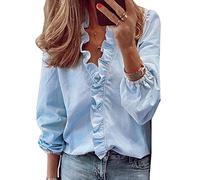 QKEPCY Camicetta da Donna Balze Donne Camicette Manica Lunga Pieghe Chiffon con Scollo Elegante Shirt Top Scollo a V Casual da Lavor a Maniche Lunghe Tinta Unita (Blu L)