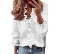 QKEPCY Camicetta da Donna Manica Lunga Pieghe Chiffon con Scollo a V Casual Tinta Unita (Bianco XL)