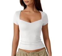 QKEPCY Camicia Sportiva da Donna Maniche Corte con Scollo a Cuore Crop Top Leggero Slim Salfleeve Maglietta Sportiva Ad Asciugatura Rapida Sport Yoga (Bianco/S)