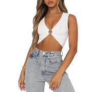 QKEPCY Canotta da Donna Senza Maniche Casuale Slim Tank Top Sexy Crop Top Canotta Party Club con Anello in Metallo Traspirante Estate Morbido (Bianco L)