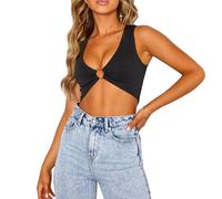QKEPCY Canotta da Donna Senza Maniche Casuale Slim Tank Top Sexy Crop Top Canotta Party Club con Anello in Metallo Traspirante Estate Morbido (Nero L)