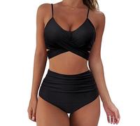QKEPCY Costumi da Bagno Donna Scollo a V Vita Alta Costume Donna Due Pezzi Push Up Bikini Imbottito Halter Reggiseno Swimwear Abiti da Spiaggia Estiva Beachwear(XL)